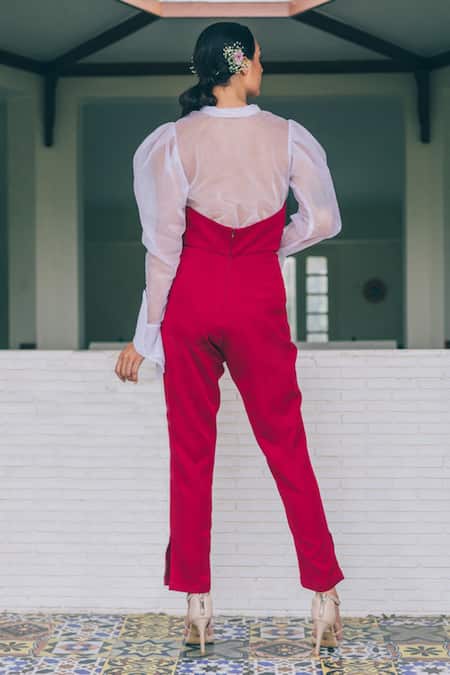 Shop Tarini Vij Red Banan Crepe And Organza Jumpsuit Sweetheart Neck & Top Cinder & Dove With at Aza Fashions Shop_Tarini Vij_Red Banan Crepe And Organza Jumpsuit Sweetheart Neck & Top Cinder & Dove With _at_Aza_Fashions