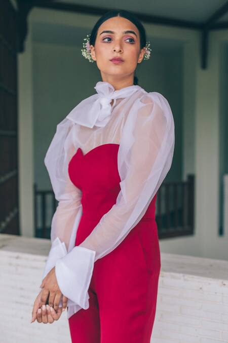 Tarini Vij Red Banan Crepe And Organza Jumpsuit Sweetheart Neck & Top Cinder & Dove With Online at Aza Fashions Tarini Vij_Red Banan Crepe And Organza Jumpsuit Sweetheart Neck & Top Cinder & Dove With _Online_at_Aza_Fashions
