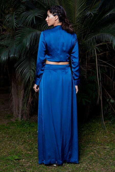 Shop Tarini Vij Blue Imported Satin Spread Collar Claire Cropped Shirt And Skirt Set at Aza Fashions Shop_Tarini Vij_Blue Imported Satin Spread Collar Claire Cropped Shirt And Skirt Set _at_Aza_Fashions