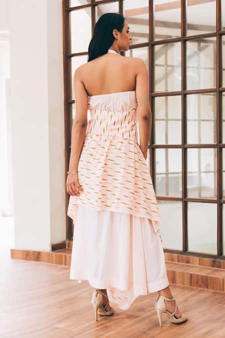 Shop Tarini Vij Peach Cotton Print Halter Neck Eleanor Dress at Aza Fashions Shop_Tarini Vij_Peach Cotton Print Halter Neck Eleanor Dress _at_Aza_Fashions