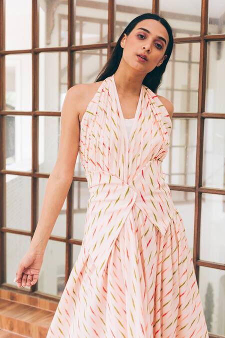 Tarini Vij Peach Cotton Print Halter Neck Eleanor Dress Online at Aza Fashions Tarini Vij_Peach Cotton Print Halter Neck Eleanor Dress _Online_at_Aza_Fashions