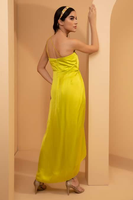 Shop_Tarini Vij_Yellow Imported Satin One Shoulder Hillary Gown _at_Aza_Fashions
