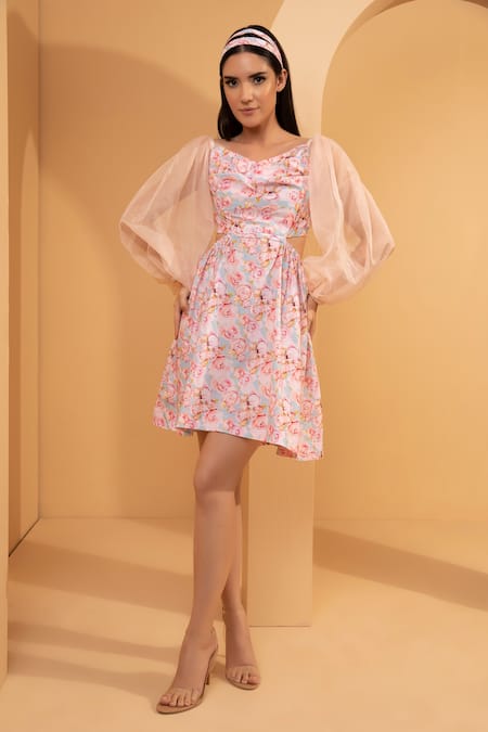 Tarini Vij Pink Cambric Cotton Floral Print Sweetheart Neck Joy Dress 