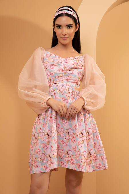 Tarini Vij_Pink Cambric Cotton Floral Print Sweetheart Neck Joy Dress _Online_at_Aza_Fashions