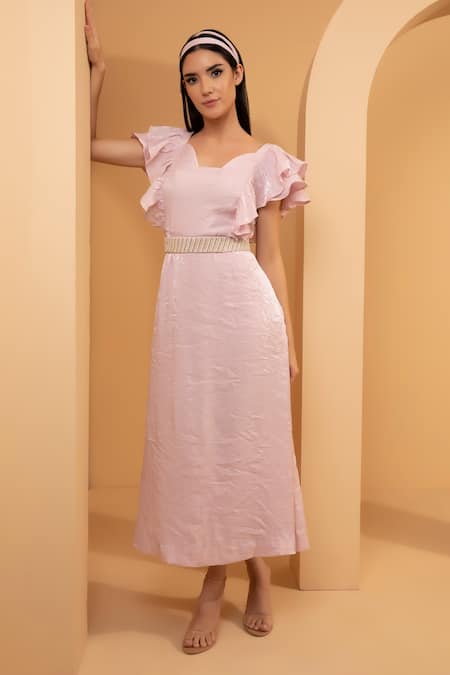 Shop Tarini Vij Purple Crinkled Linen Pearl Julia Midi Dress at Aza Fashions Shop_Tarini Vij_Purple Crinkled Linen Pearl Julia Midi Dress _at_Aza_Fashions