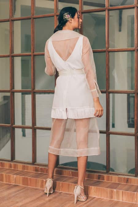 Shop Tarini Vij White Banana Crepe And Organza Dress V Neck & Jacket Spread Kate & Kylie With at Aza Fashions Shop_Tarini Vij_White Banana Crepe And Organza Dress V Neck & Jacket Spread Kate & Kylie With _at_Aza_Fashions