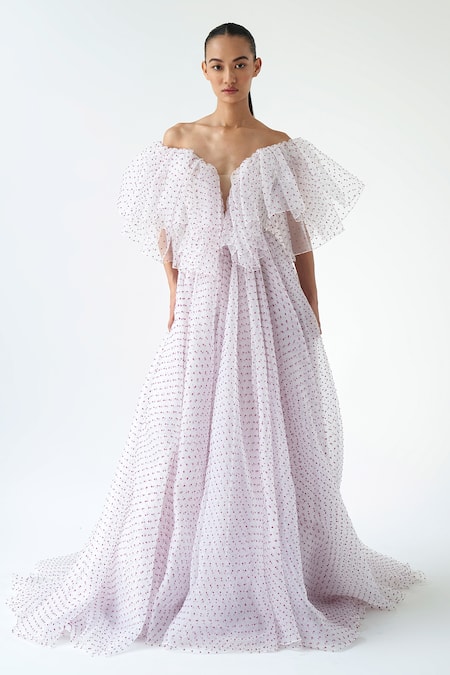 Gauri & Nainika Polka Dot Off Shoulder Gown 