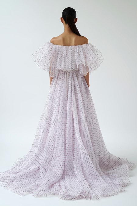 Shop_Gauri & Nainika_Ivory Dotted Organza One Shoulder Polka Dot Off Gown _at_Aza_Fashions