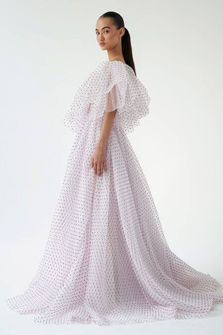 Gauri & Nainika_Ivory Dotted Organza One Shoulder Polka Dot Off Gown _Online_at_Aza_Fashions