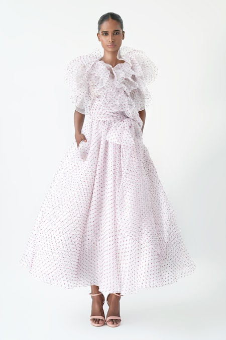 Gauri & Nainika Pink Dotted Organza Polka Dot Ruffled Neck Flared Dress 