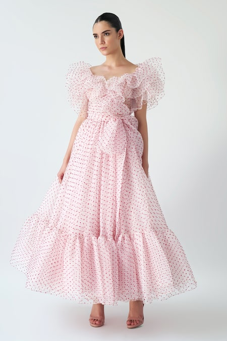 Gauri & Nainika Pink Dotted Organza Polka Dot Ruffled Neck Flared Dress 