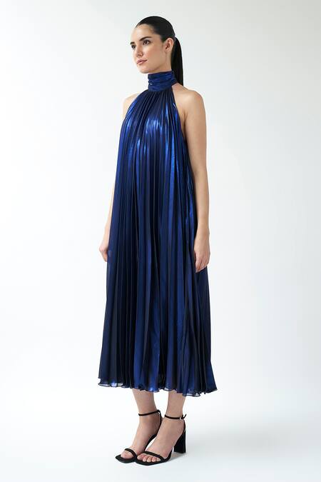 Gauri & Nainika_Blue Lame Halter Neck Midi Dress _Online_at_Aza_Fashions