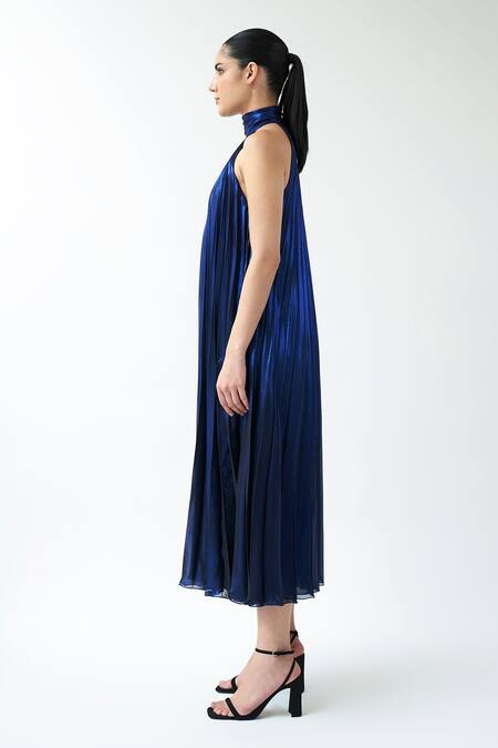 Buy_Gauri & Nainika_Blue Lame Halter Neck Midi Dress _Online_at_Aza_Fashions