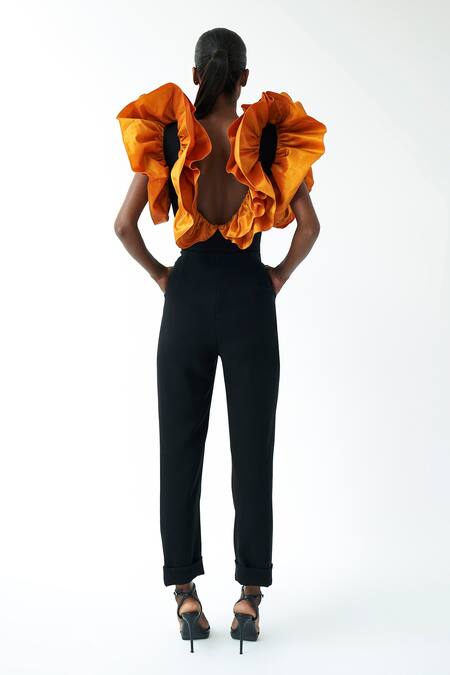 Shop_Gauri & Nainika_Black Micro And Tafetta V Neck Ruffle Neckline Jumpsuit _at_Aza_Fashions