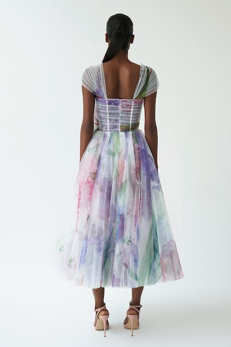 Shop Gauri & Nainika Purple Net Floral Print Sweetheart Neck Midi Dress at Aza Fashions Shop_Gauri & Nainika_Purple Net Floral Print Sweetheart Neck Midi Dress _at_Aza_Fashions