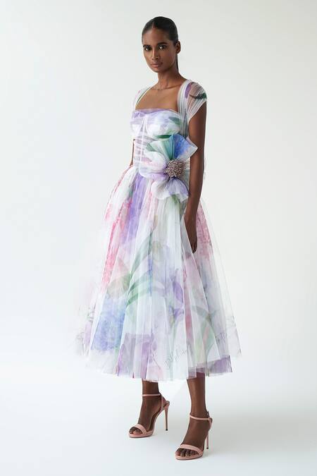 Gauri & Nainika Purple Net Floral Print Sweetheart Neck Midi Dress Online at Aza Fashions Gauri & Nainika_Purple Net Floral Print Sweetheart Neck Midi Dress _Online_at_Aza_Fashions