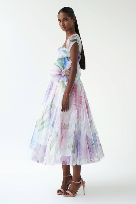 Buy Gauri & Nainika Purple Net Floral Print Sweetheart Neck Midi Dress Online at Aza Fashions Buy_Gauri & Nainika_Purple Net Floral Print Sweetheart Neck Midi Dress _Online_at_Aza_Fashions