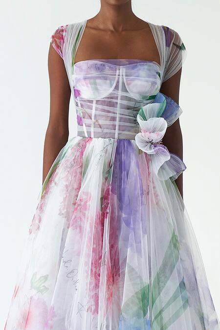 Shop Gauri & Nainika Purple Net Floral Print Sweetheart Neck Midi Dress Online at Aza Fashions Shop_Gauri & Nainika_Purple Net Floral Print Sweetheart Neck Midi Dress _Online_at_Aza_Fashions