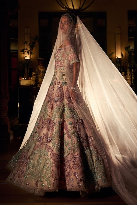 Reynu Taandon_Pink Lining Shantoon, Soft Net Thread Work And Embellished Gown With Veil_Online_at_Aza_Fashions