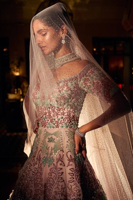 Reynu Taandon_Pink Lining Shantoon, Soft Net Thread Work And Embellished Gown With Veil_at_Aza_Fashions