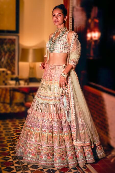 Shop Reynu Taandon Multi Color Lining Shantoon, Soft Net Sequins, Embroidered Bridal Lehenga Set at Aza Fashions Shop_Reynu Taandon_Multi Color Lining Shantoon, Soft Net Sequins, Embroidered Bridal Lehenga Set_at_Aza_Fashions
