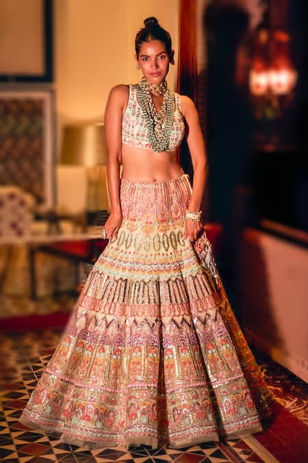 Reynu Taandon Multi Color Lining Shantoon, Soft Net Sequins, Embroidered Bridal Lehenga Set Online at Aza Fashions Reynu Taandon_Multi Color Lining Shantoon, Soft Net Sequins, Embroidered Bridal Lehenga Set_Online_at_Aza_Fashions