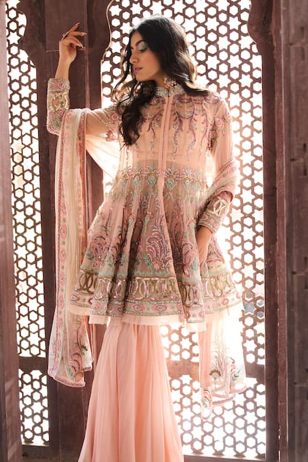 Reynu Taandon_Peach Lining Shantoon, Soft Net Band Collar Embellished Bandhgala Sharara Set_Online_at_Aza_Fashions