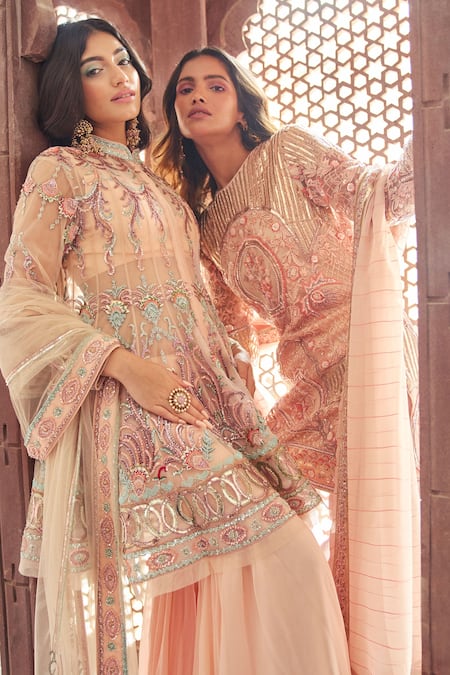 Buy_Reynu Taandon_Peach Lining Shantoon, Soft Net Band Collar Embellished Bandhgala Sharara Set_Online_at_Aza_Fashions