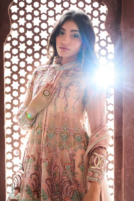 Shop_Reynu Taandon_Peach Lining Shantoon, Soft Net Band Collar Embellished Bandhgala Sharara Set_Online_at_Aza_Fashions