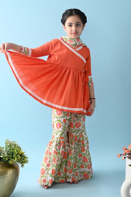 THE COTTON STAPLE_Orange Cotton Tassels Mohak Kurta Sharara Set _Online_at_Aza_Fashions