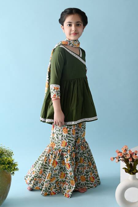 THE COTTON STAPLE_Green Cotton Tassels Tisha Kurta Sharara Set _Online_at_Aza_Fashions