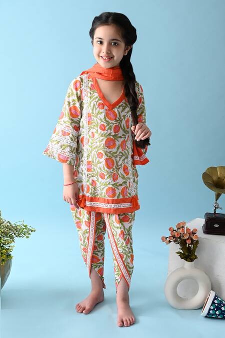 THE COTTON STAPLE Orange Cotton Lace Taj Floral Print Kurta Set 