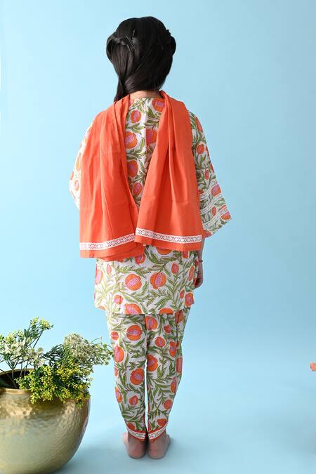 Shop_THE COTTON STAPLE_Orange Cotton Lace Taj Floral Print Kurta Set _at_Aza_Fashions
