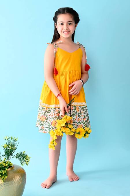 THE COTTON STAPLE Yellow Cotton Embroidery Kusum Floral Print Camisole Dress Online at Aza Fashions THE COTTON STAPLE_Yellow Cotton Embroidery Kusum Floral Print Camisole Dress _Online_at_Aza_Fashions