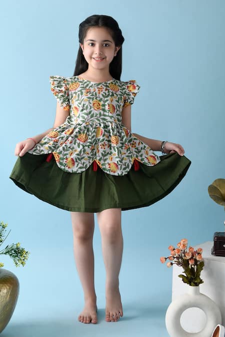 Buy Green Cotton Printed Floral Fulwari Dress For Girls by THE COTTON ...