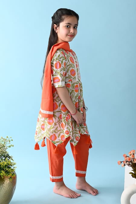 THE COTTON STAPLE_Orange Cotton Tassels Amira Floral Print Anarkali Set _Online_at_Aza_Fashions