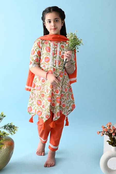 Buy_THE COTTON STAPLE_Orange Cotton Tassels Amira Floral Print Anarkali Set _Online_at_Aza_Fashions