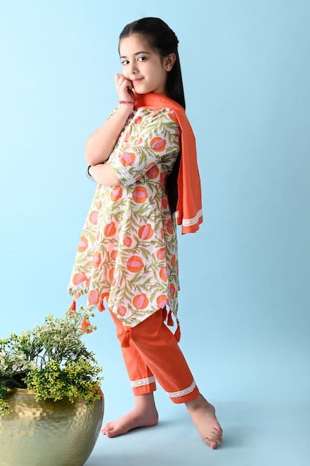 Shop_THE COTTON STAPLE_Orange Cotton Tassels Amira Floral Print Anarkali Set _Online_at_Aza_Fashions