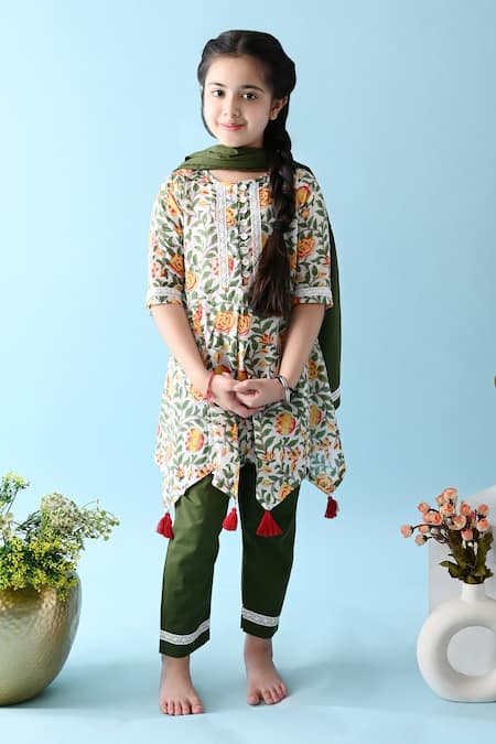 THE COTTON STAPLE_Green Cotton Tassels, Lace, Embroidery Kali Printed Anarkali Set _Online_at_Aza_Fashions