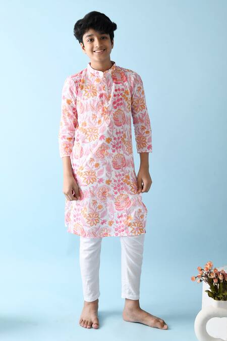 THE COTTON STAPLE_Pink Cotton Embroidery Zayd Floral Print Kurta Set_Online_at_Aza_Fashions