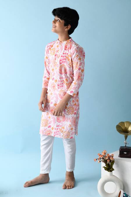 Shop_THE COTTON STAPLE_Pink Cotton Embroidery Zayd Floral Print Kurta Set_Online_at_Aza_Fashions