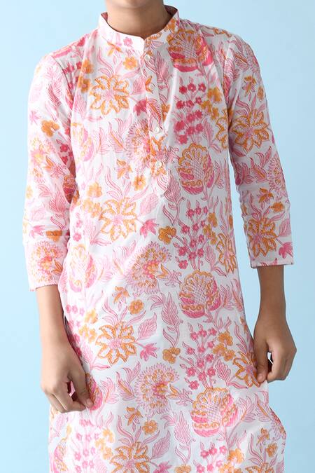 THE COTTON STAPLE_Pink Cotton Embroidery Zayd Floral Print Kurta Set_at_Aza_Fashions