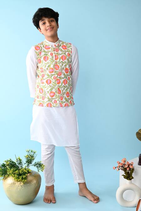 THE COTTON STAPLE_Orange Cotton Embroidery Floral Printed Bundi And Kurta Set _Online_at_Aza_Fashions