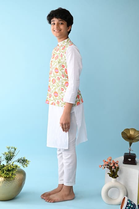 Shop_THE COTTON STAPLE_Orange Cotton Embroidery Floral Printed Bundi And Kurta Set _Online_at_Aza_Fashions