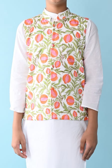 THE COTTON STAPLE_Orange Cotton Embroidery Floral Printed Bundi And Kurta Set _at_Aza_Fashions