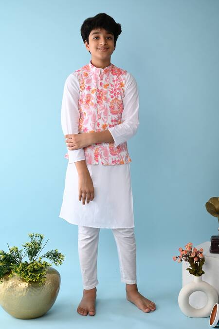 THE COTTON STAPLE_Pink Cotton Embroidery Floral Printed Bundi And Kurta Set _Online_at_Aza_Fashions