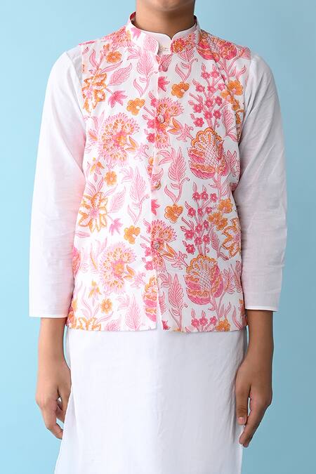 THE COTTON STAPLE_Pink Cotton Embroidery Floral Printed Bundi And Kurta Set _at_Aza_Fashions