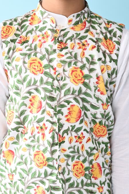 Shop_The Cotton Staple_White Cotton Embroidery Floral Printed Bundi And Kurta Set _Online_at_Aza_Fashions