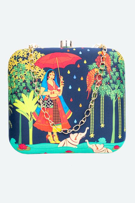 Buy_NR By Nidhi Rathi_Multi Color Printed Lady In Jungle Square Clutch_Online_at_Aza_Fashions