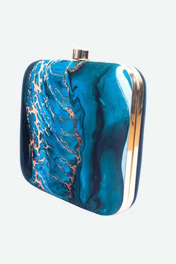 NR By Nidhi Rathi_Blue Printed Ocean Square Clutch_Online_at_Aza_Fashions